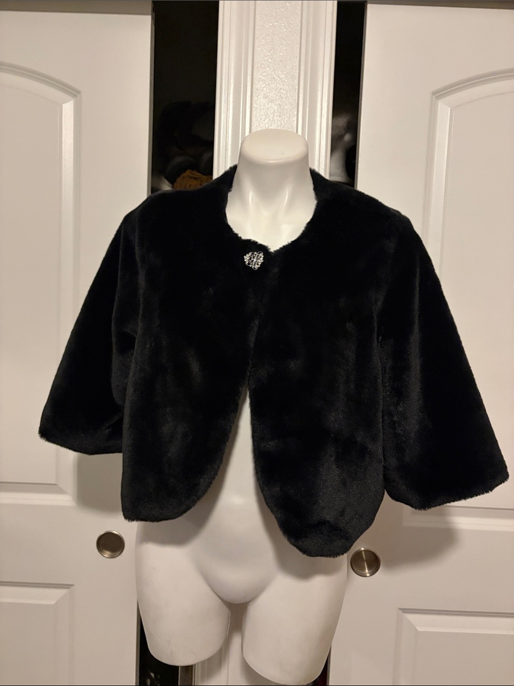 Black Faux Fur Cropped Bolero with Rhinestone Button